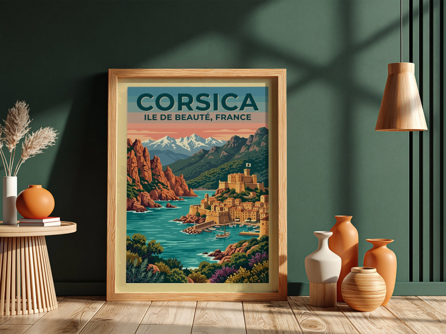 Travel poster of Corsica featuring a coastal village with a fortress by water