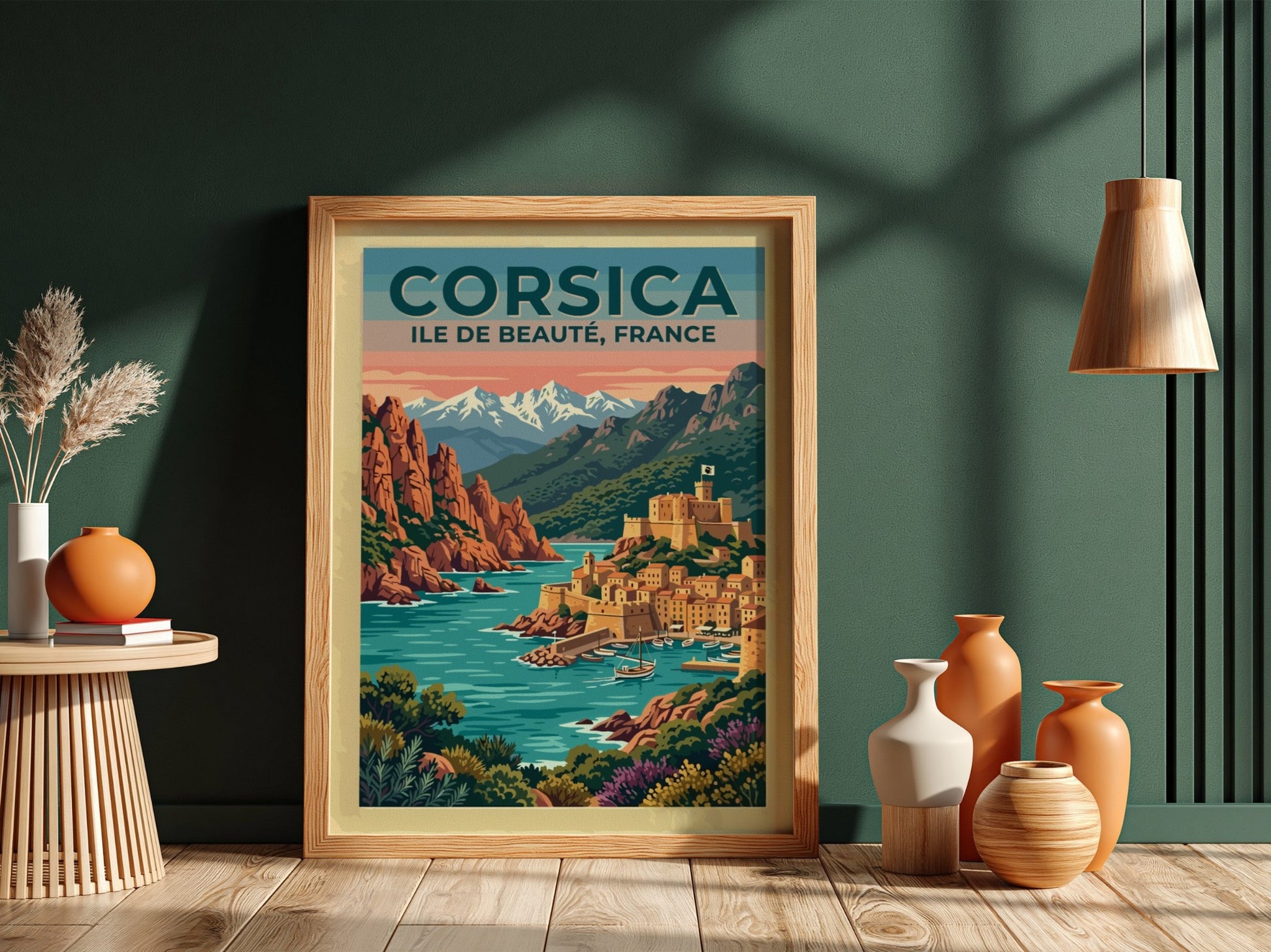 Travel poster of Corsica featuring a coastal village with a fortress by water