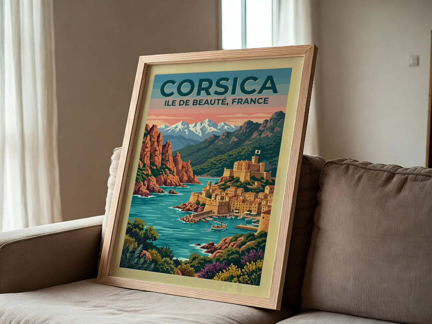 Travel poster of Corsica featuring a coastal village with a fortress by water