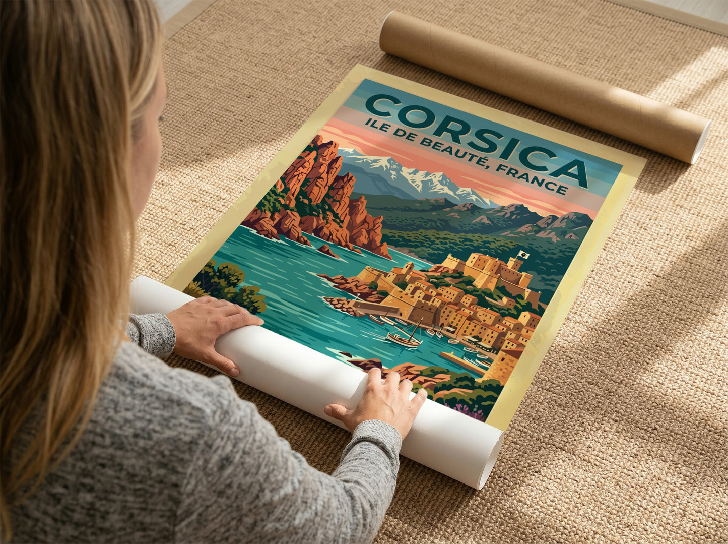 Travel poster of Corsica featuring a coastal village with a fortress by water