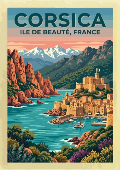 Travel poster of Corsica featuring a coastal village with a fortress by water