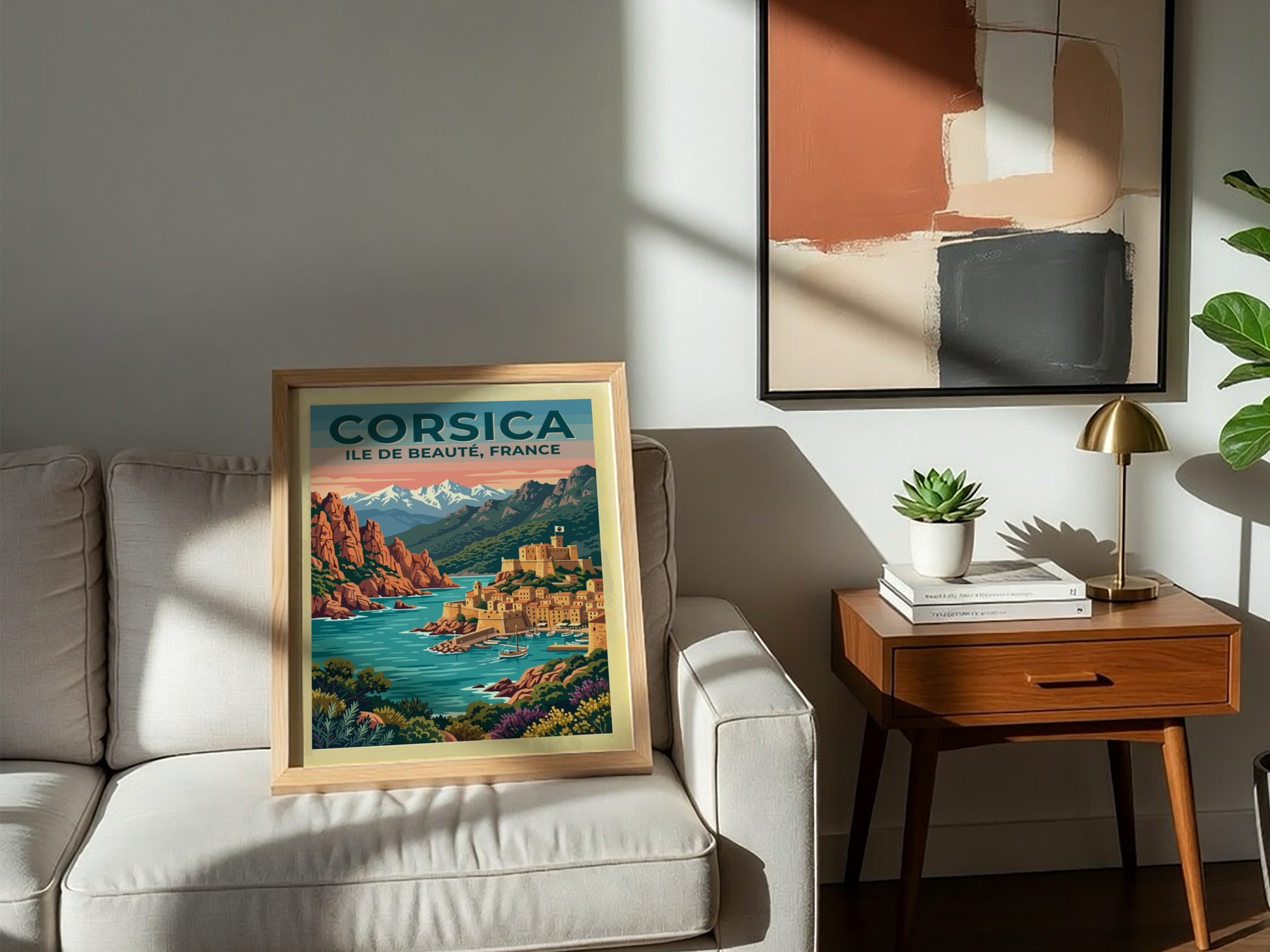 Travel poster of Corsica featuring a coastal village with a fortress by water
