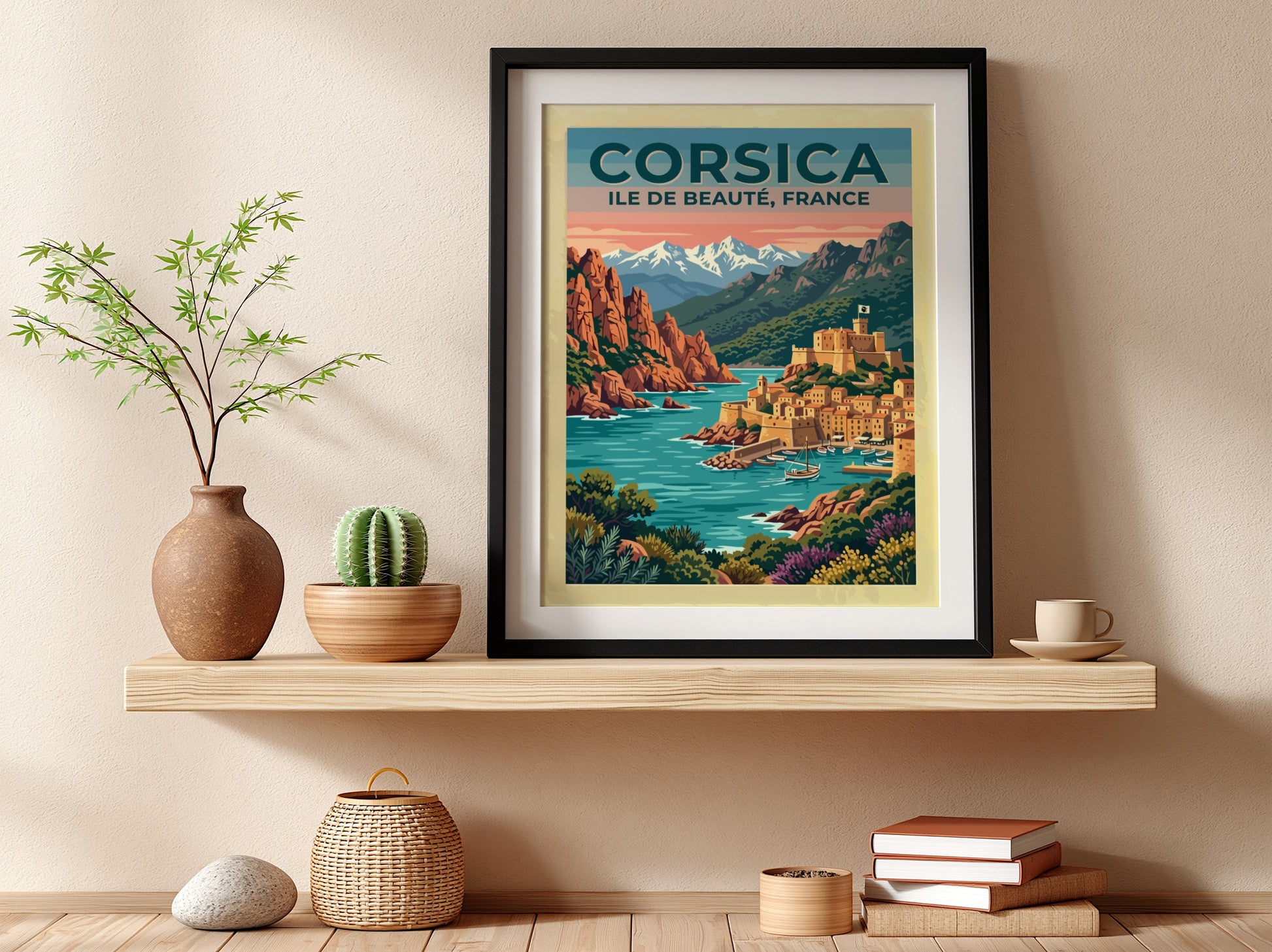 Travel poster of Corsica featuring a coastal village with a fortress by water