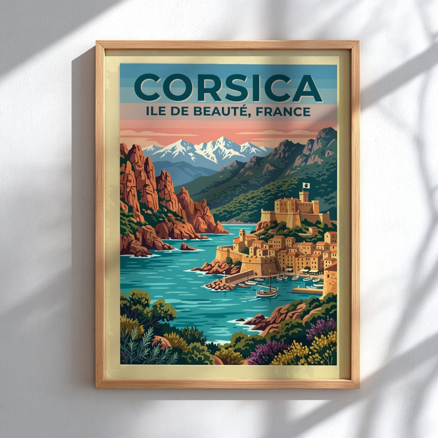 Travel poster of Corsica featuring a coastal village with a fortress by water
