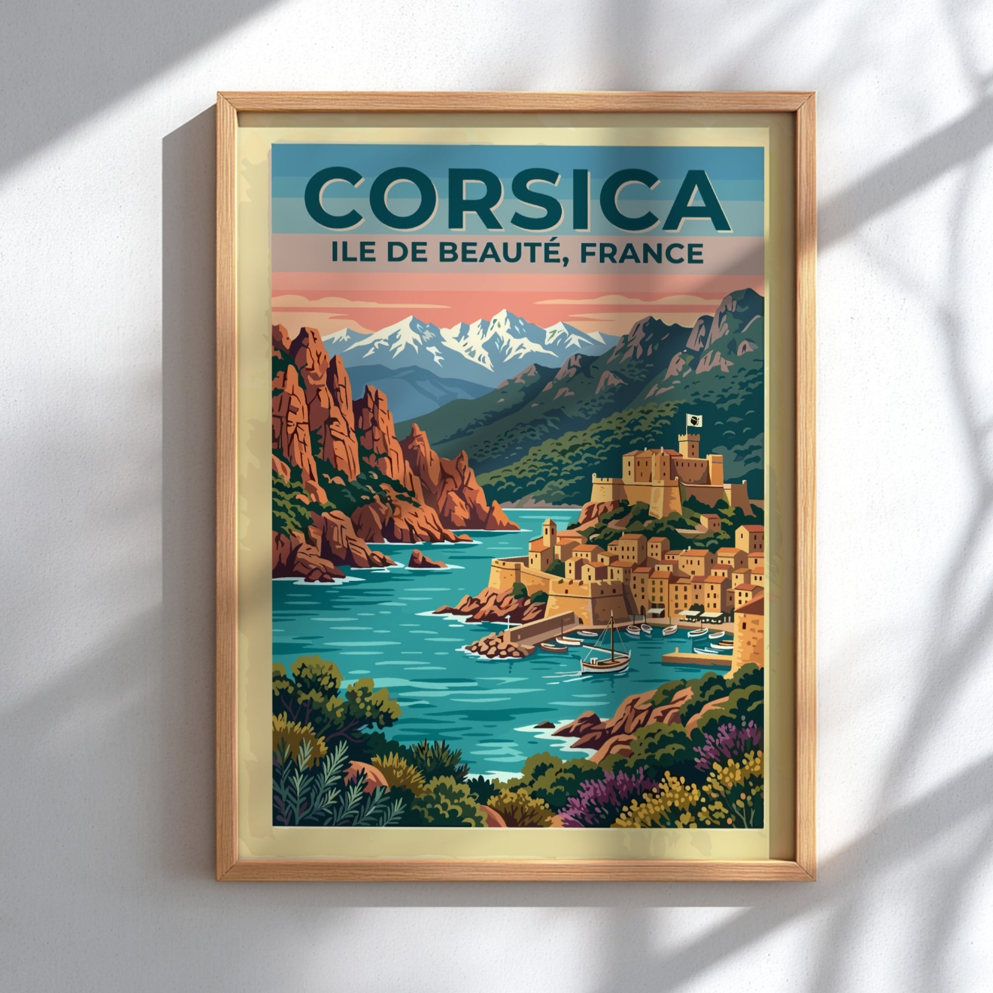 Travel poster of Corsica featuring a coastal village with a fortress by water