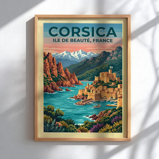 Travel poster of Corsica featuring a coastal village with a fortress by water