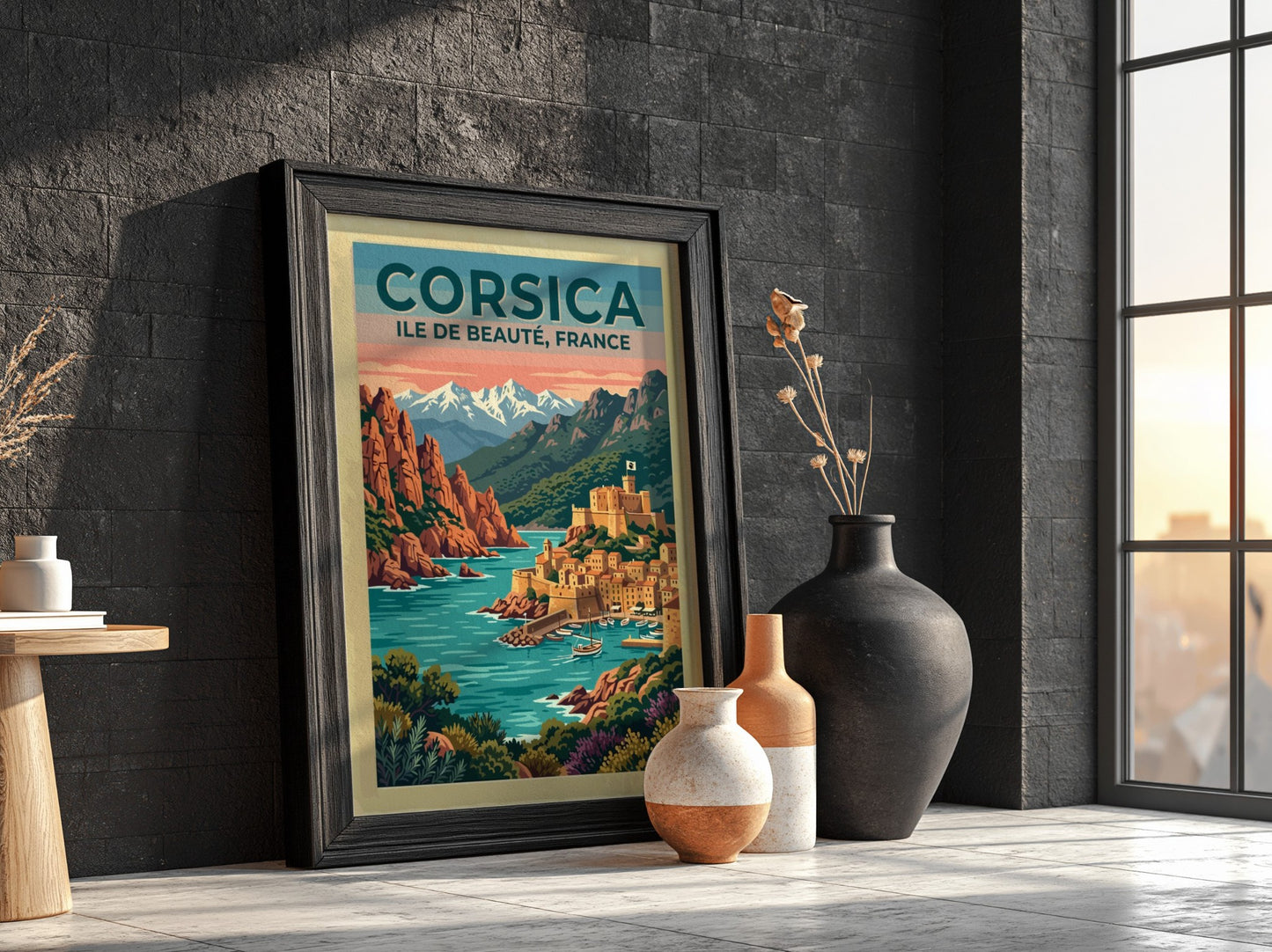 Travel poster of Corsica featuring a coastal village with a fortress by water