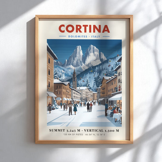 Cortina ski resort poster featuring snow-capped mountains and a vintage village scene