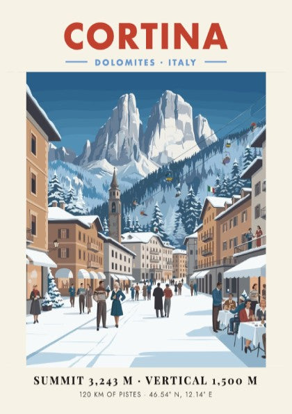 Cortina ski resort poster featuring snow-capped mountains and a vintage village scene