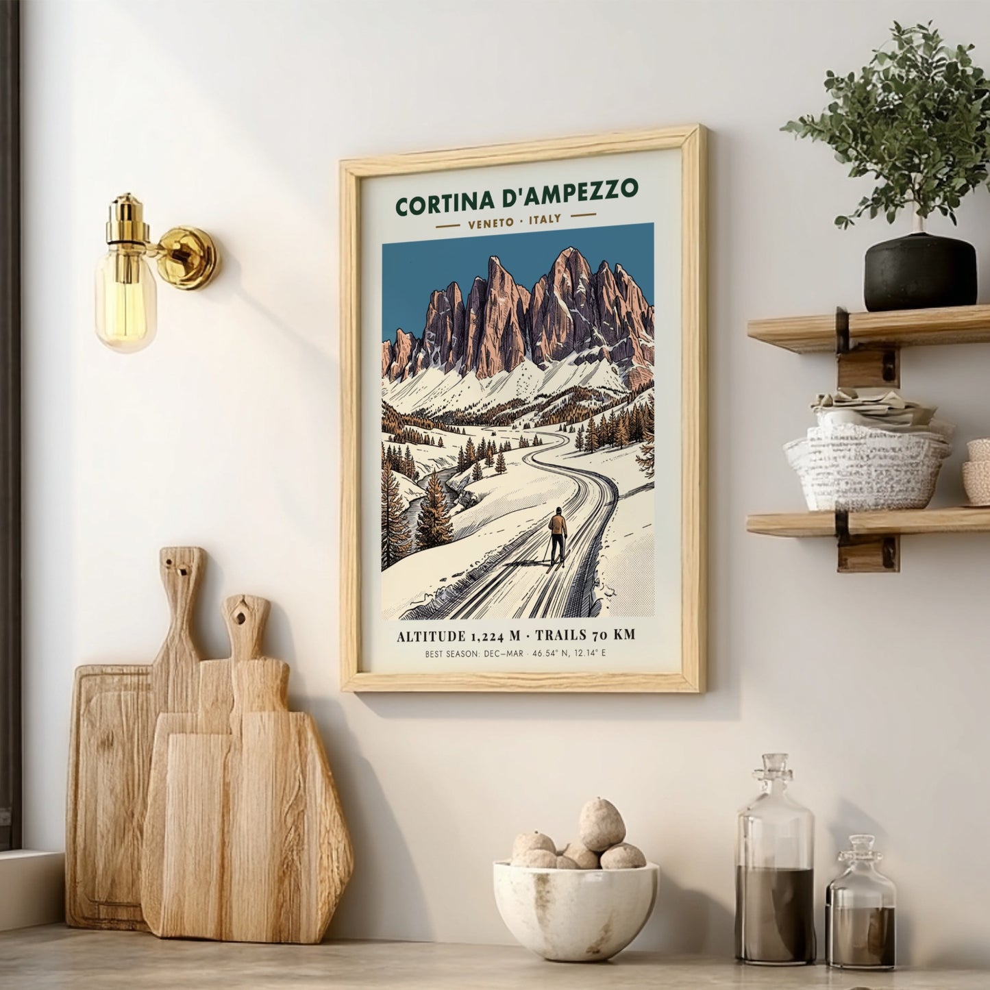 Poster featuring a lone skier on a snowy mountain path in Cortina D'ampezzo, Italy.