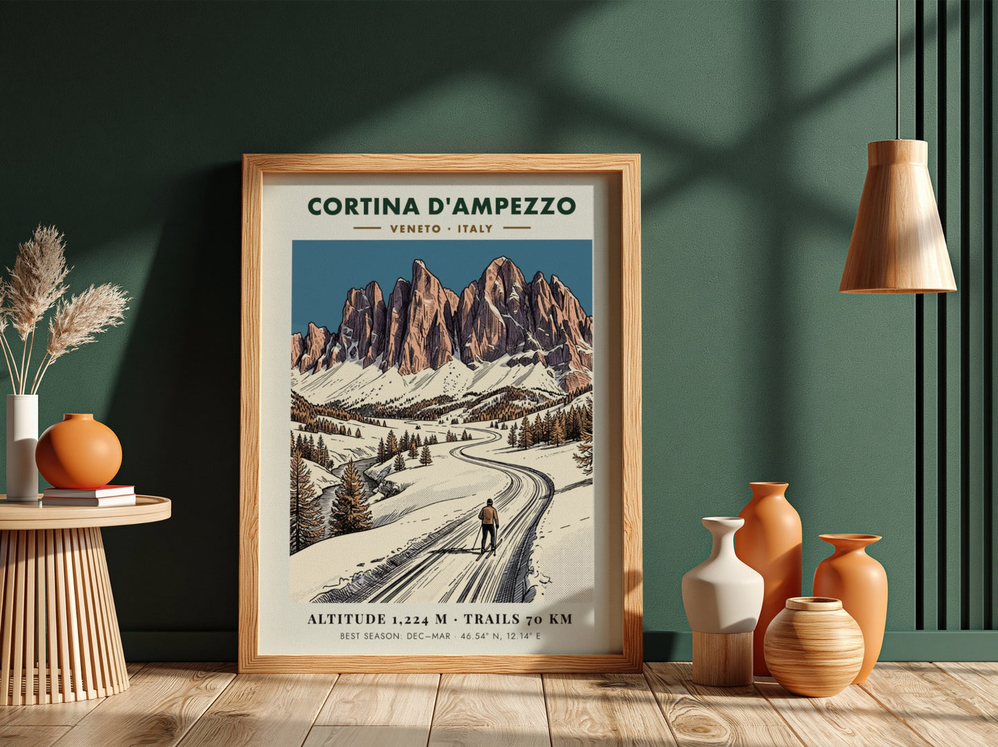 Poster featuring a lone skier on a snowy mountain path in Cortina D'ampezzo, Italy.