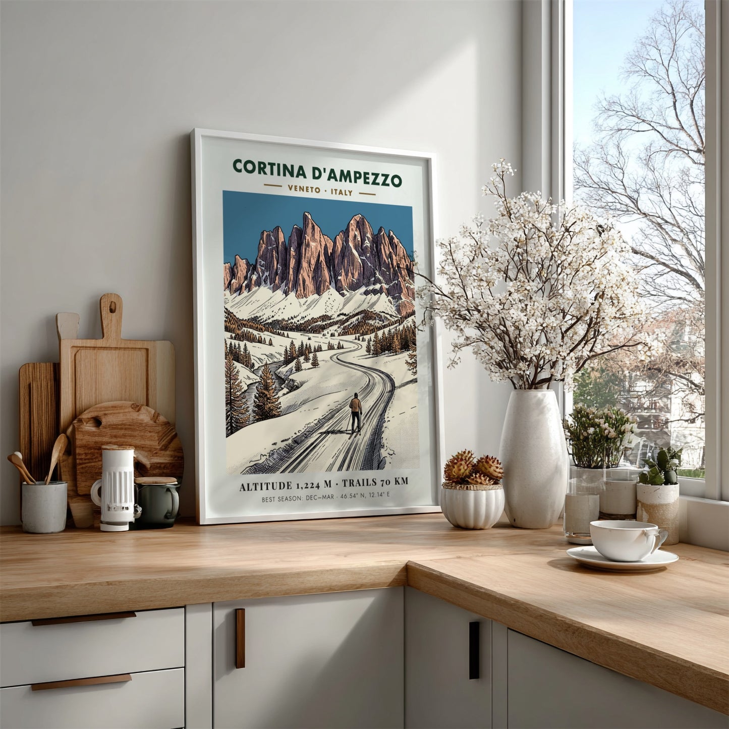 Poster featuring a lone skier on a snowy mountain path in Cortina D'ampezzo, Italy.
