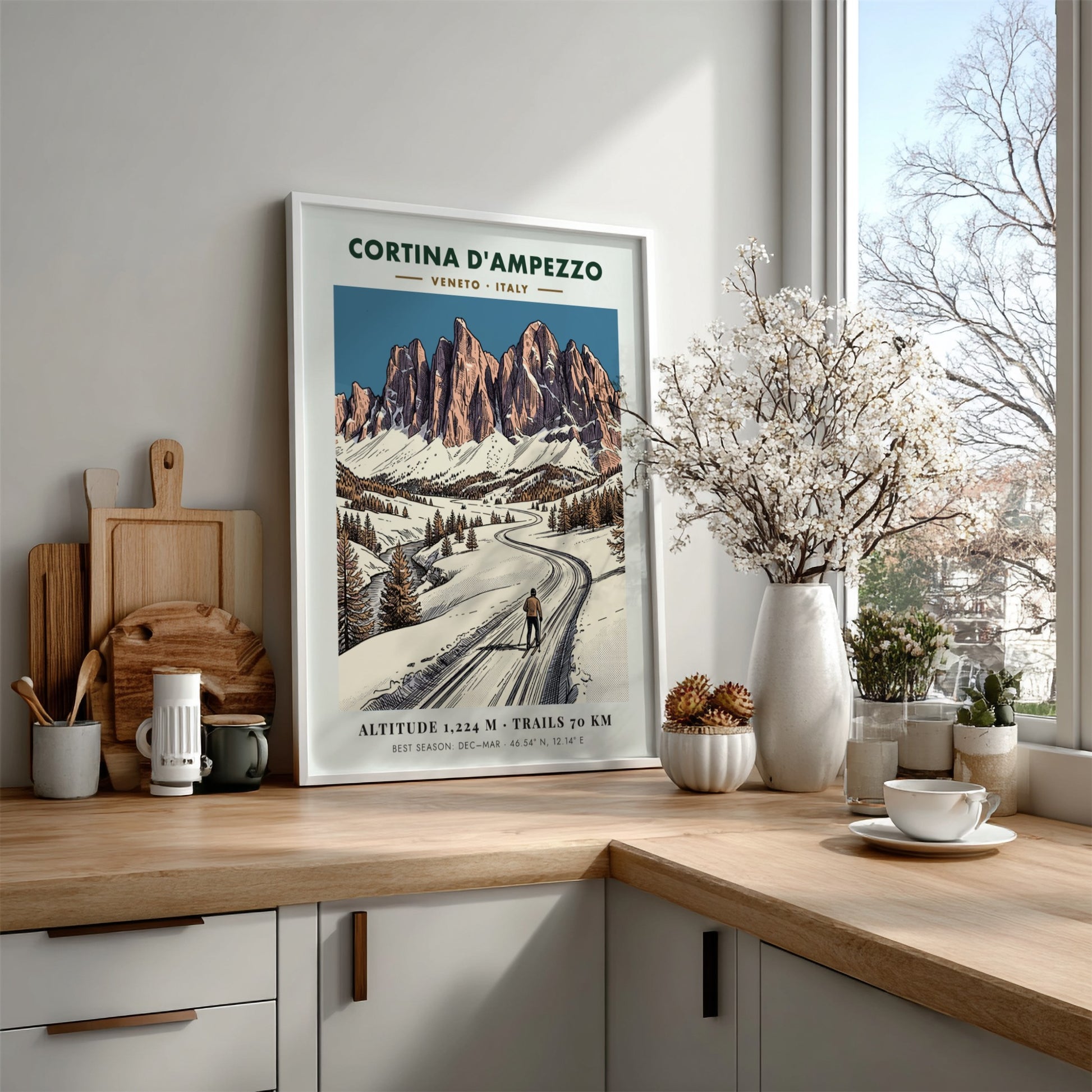 Poster featuring a lone skier on a snowy mountain path in Cortina D'ampezzo, Italy.