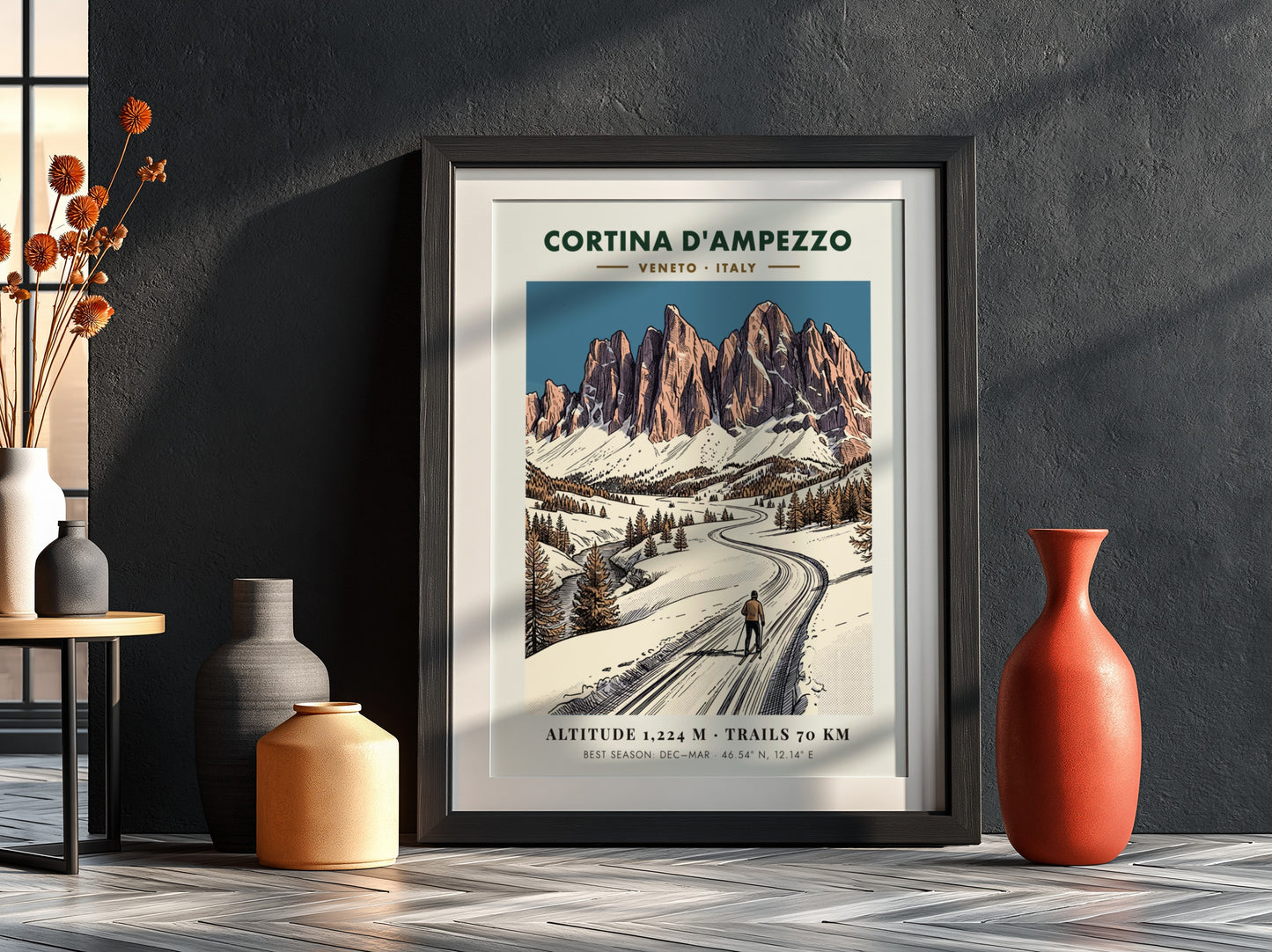 Poster featuring a lone skier on a snowy mountain path in Cortina D'ampezzo, Italy.