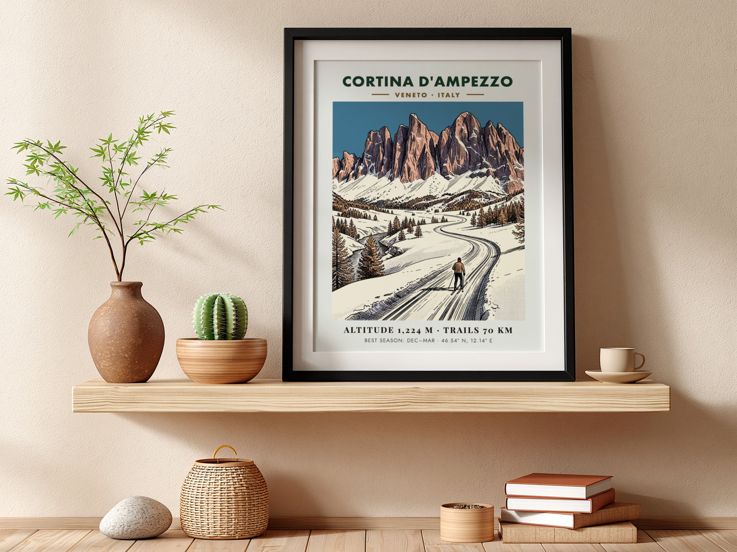 Poster featuring a lone skier on a snowy mountain path in Cortina D'ampezzo, Italy.