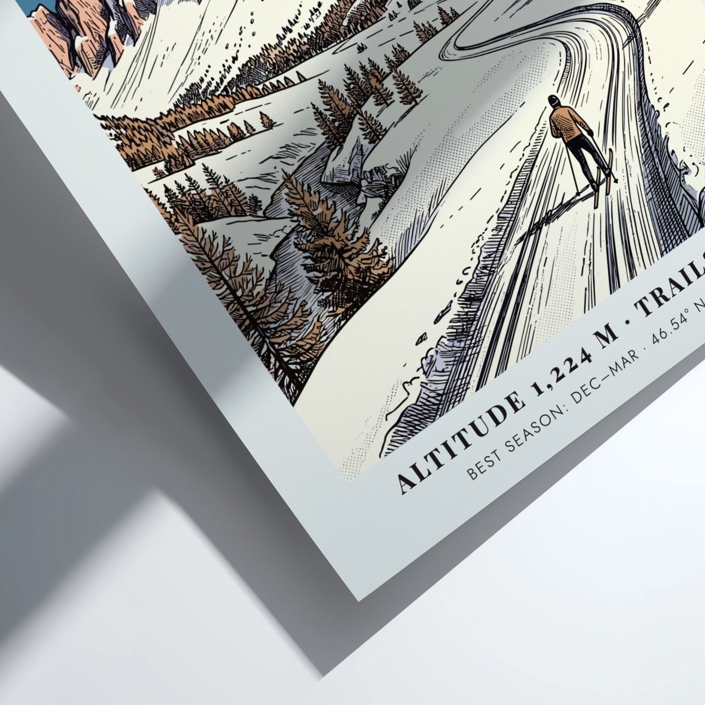 Poster featuring a lone skier on a snowy mountain path in Cortina D'ampezzo, Italy.