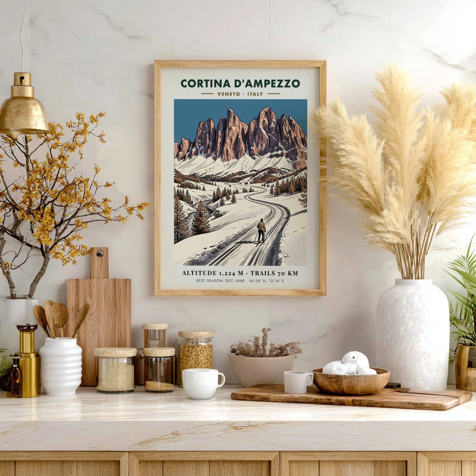 Poster featuring a lone skier on a snowy mountain path in Cortina D'ampezzo, Italy.