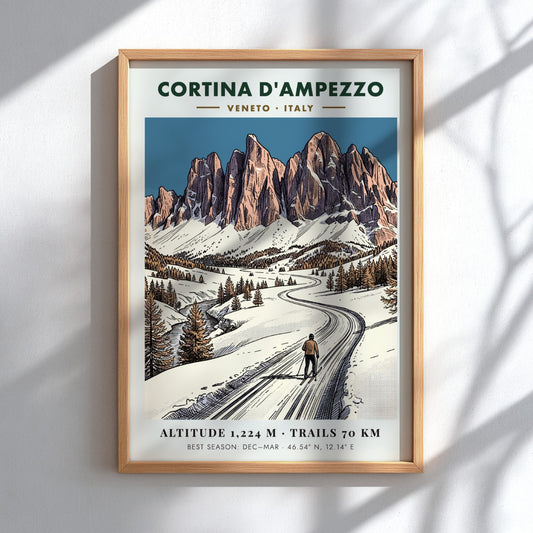 Poster featuring a lone skier on a snowy mountain path in Cortina D'ampezzo, Italy.