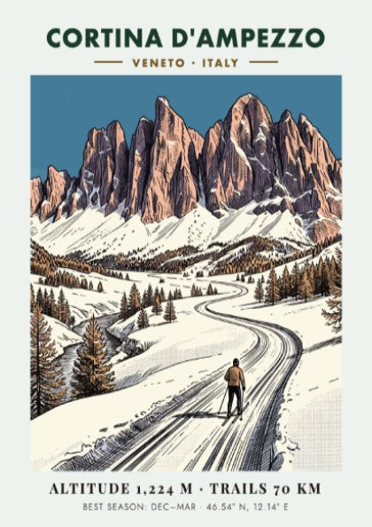 Poster featuring a lone skier on a snowy mountain path in Cortina D'ampezzo, Italy.