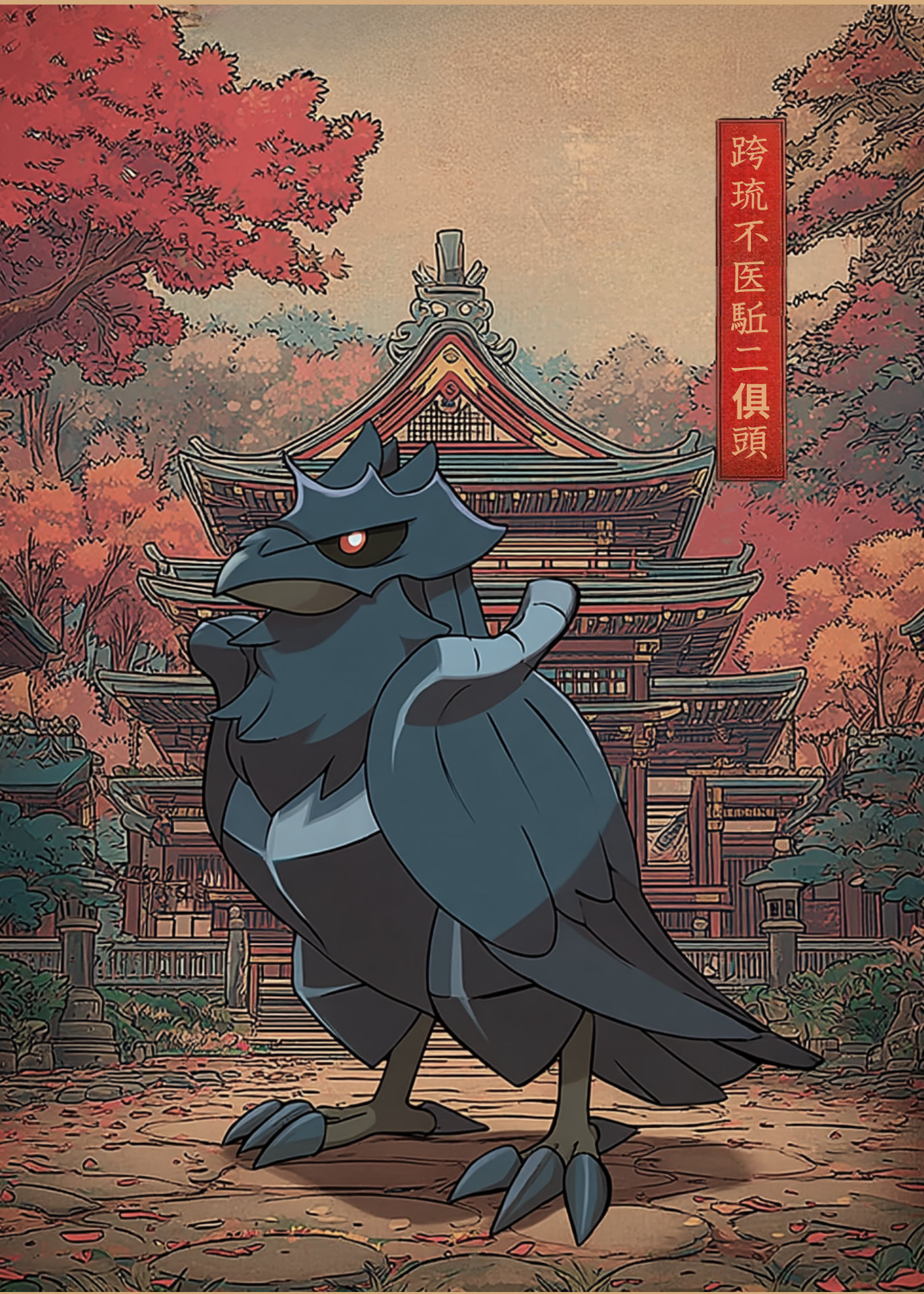 Corviknight Pokemon in front of a traditional Japanese temple with autumn foliage