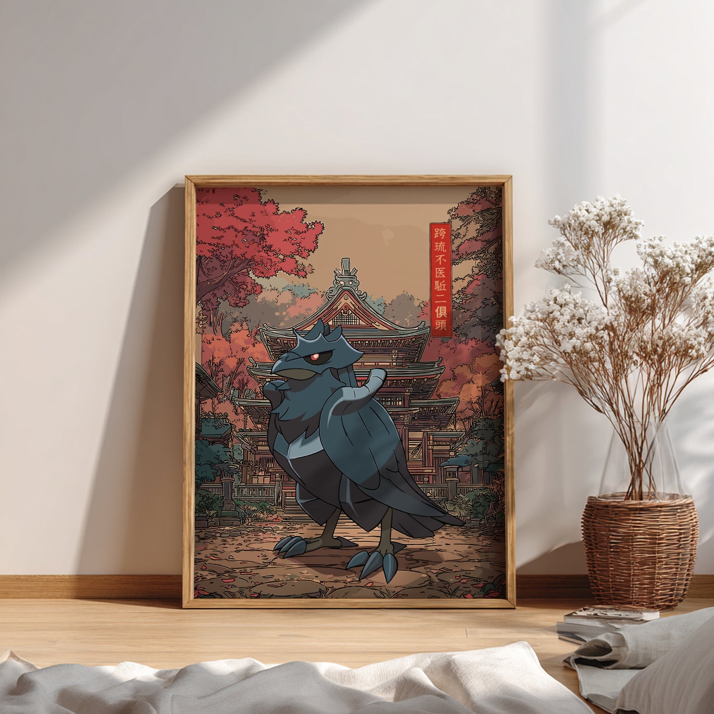 Framed artwork of Corviknight Pokemon in a traditional Japanese setting on a wall.