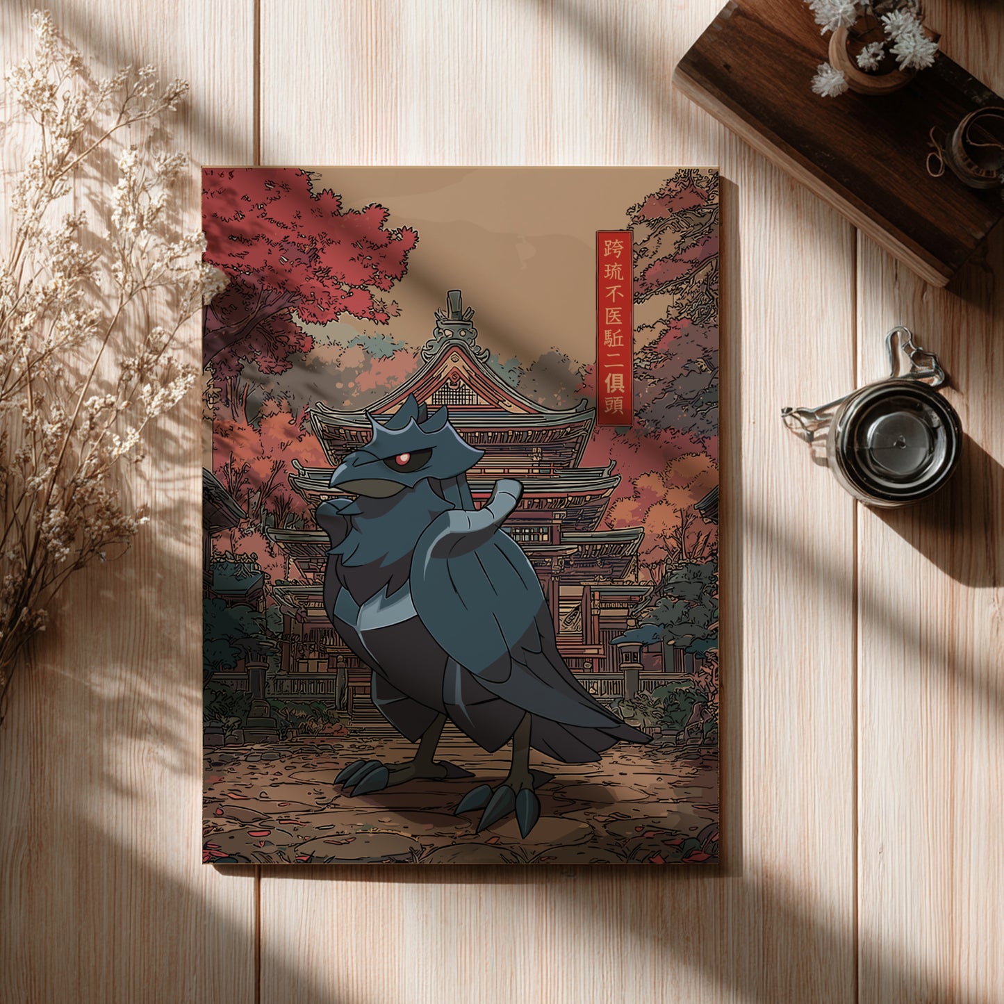 Poster with a Corviknight Pokemon design on a wooden surface