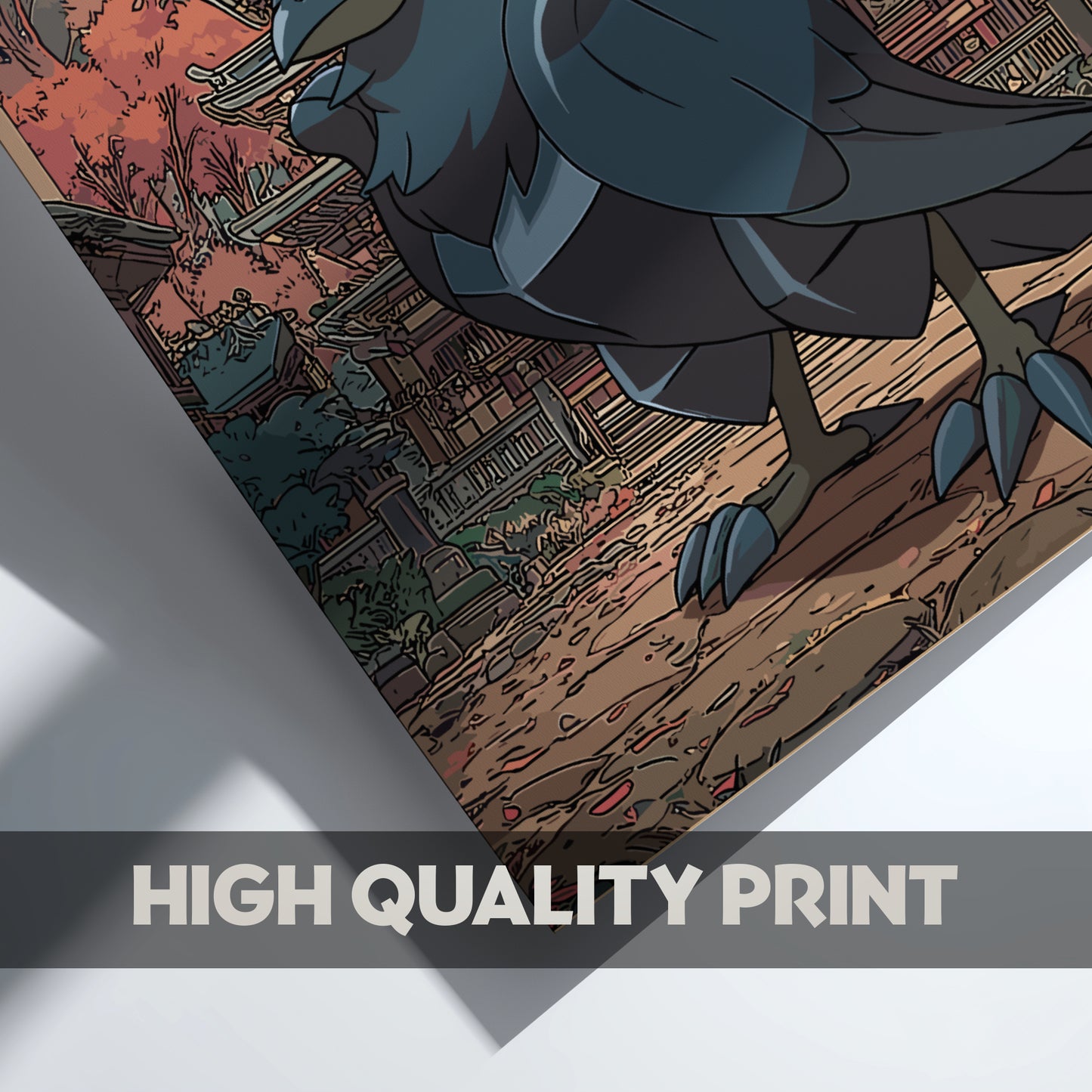 Corviknight Pokemon character on a wooden platform with a scenic background, labeled 'High Quality Print'.