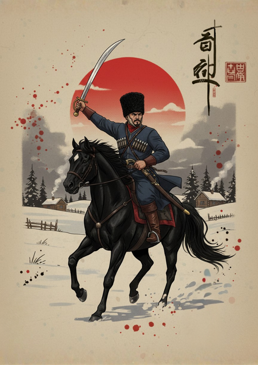 Cossack warrior on horseback with a sword in a snowy landscape with a red sun in the background