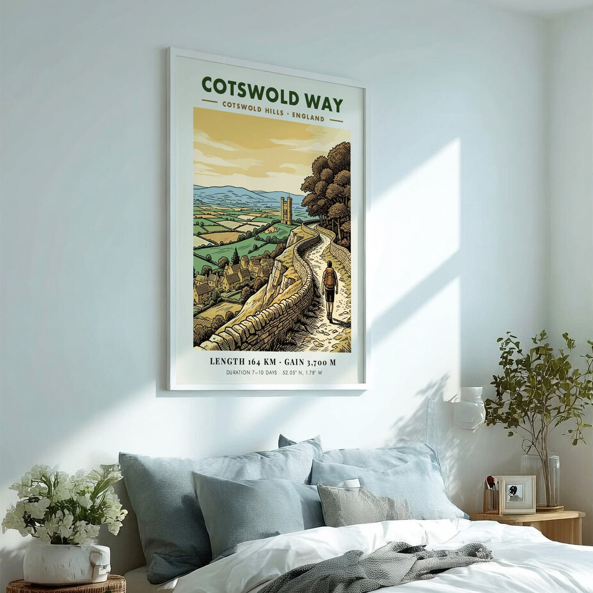 Cotswold Way poster showing a hiker on a stone walled path in England