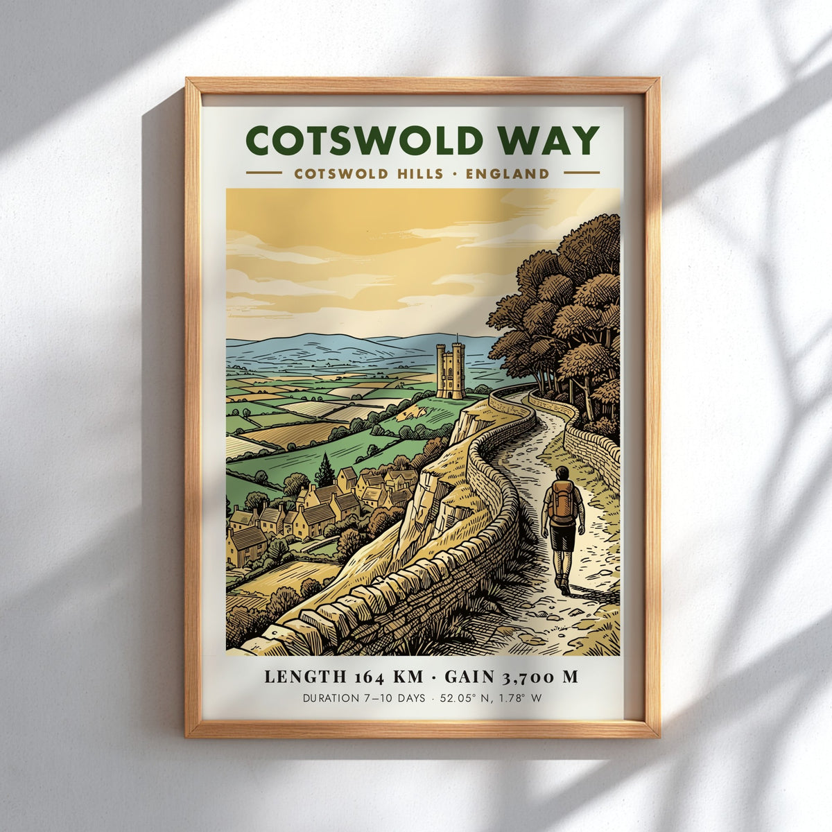 Cotswold Way poster showing a hiker on a stone walled path in England