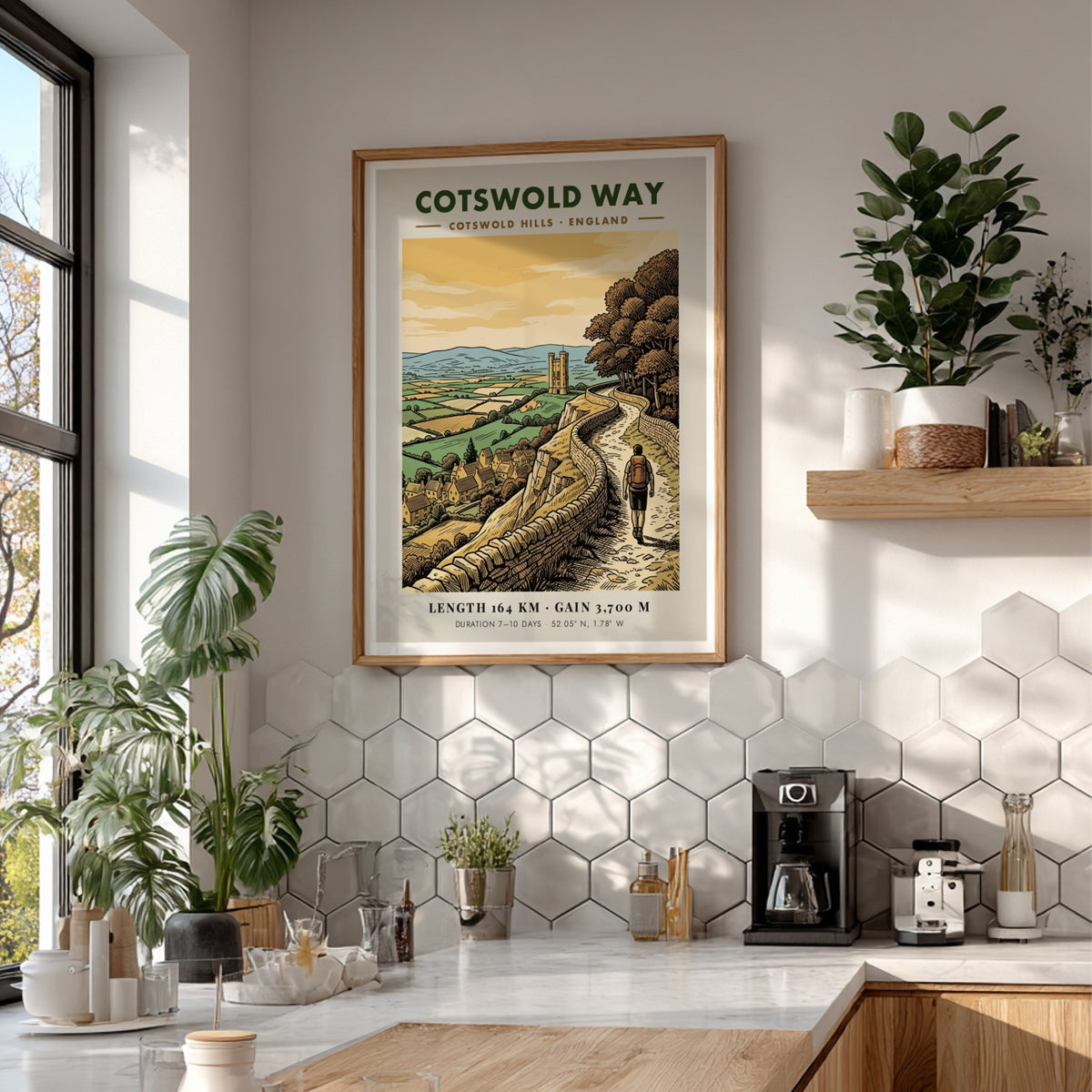 Cotswold Way poster showing a hiker on a stone walled path in England