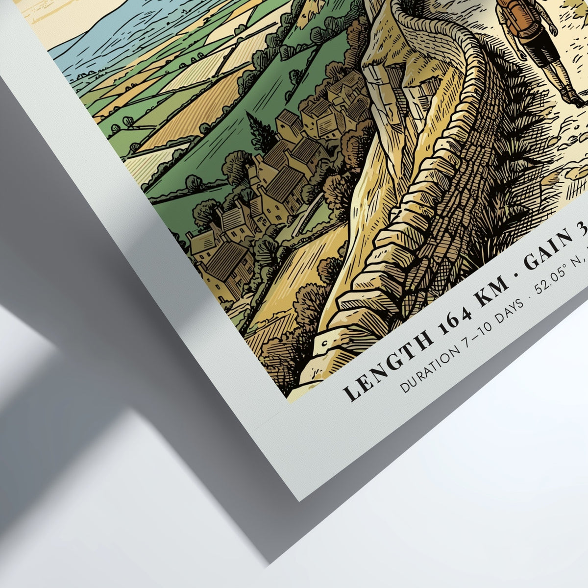 Cotswold Way poster showing a hiker on a stone walled path in England