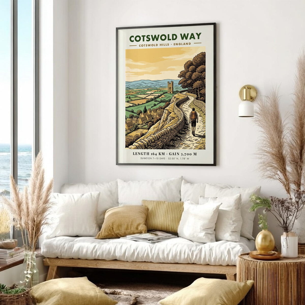 Cotswold Way poster showing a hiker on a stone walled path in England