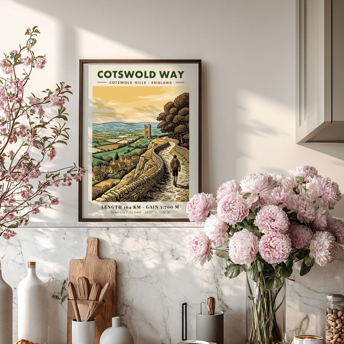 Cotswold Way poster showing a hiker on a stone walled path in England