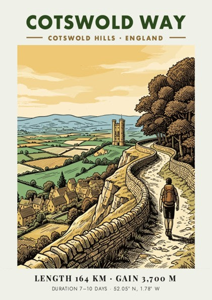 Cotswold Way poster showing a hiker on a stone walled path in England