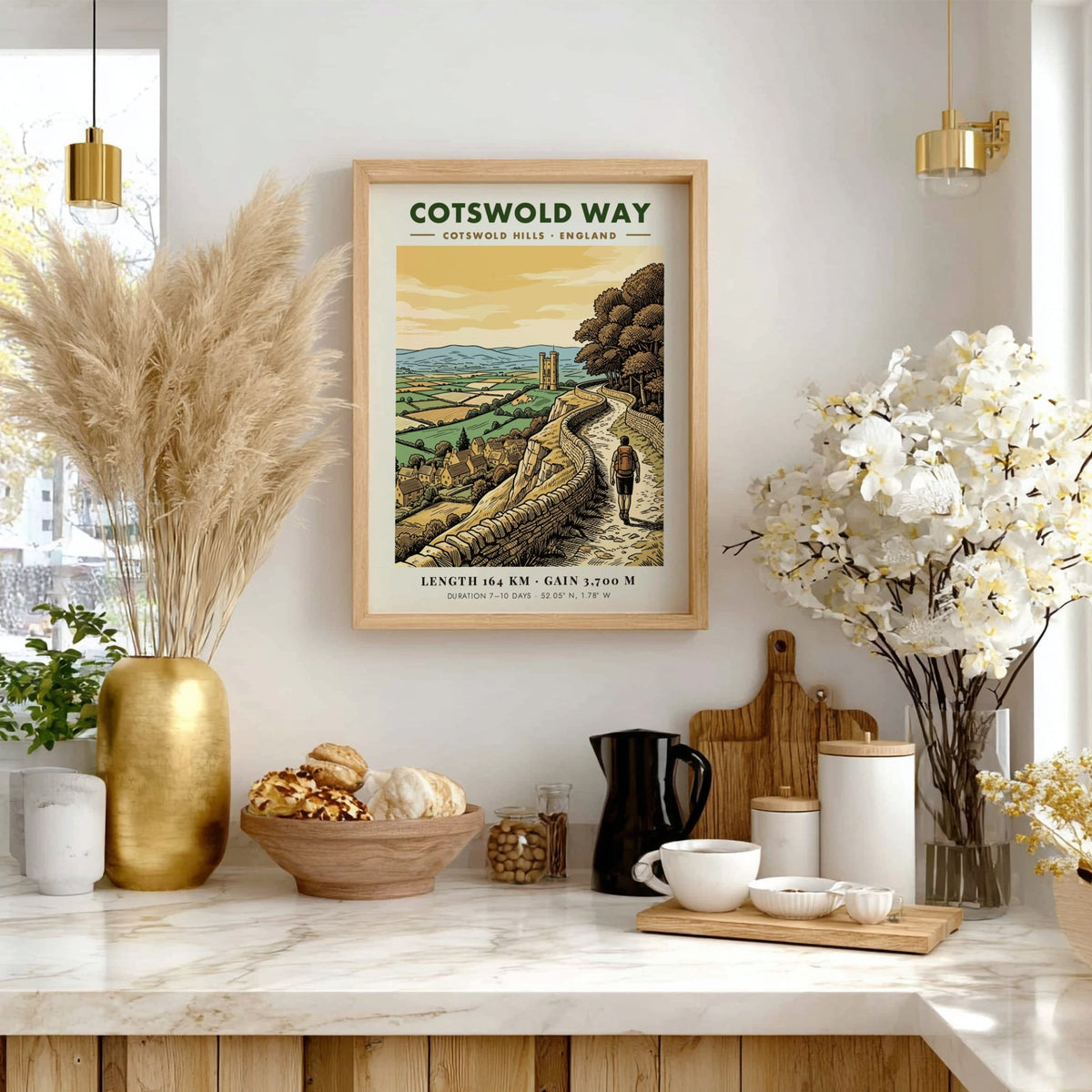 Cotswold Way poster showing a hiker on a stone walled path in England