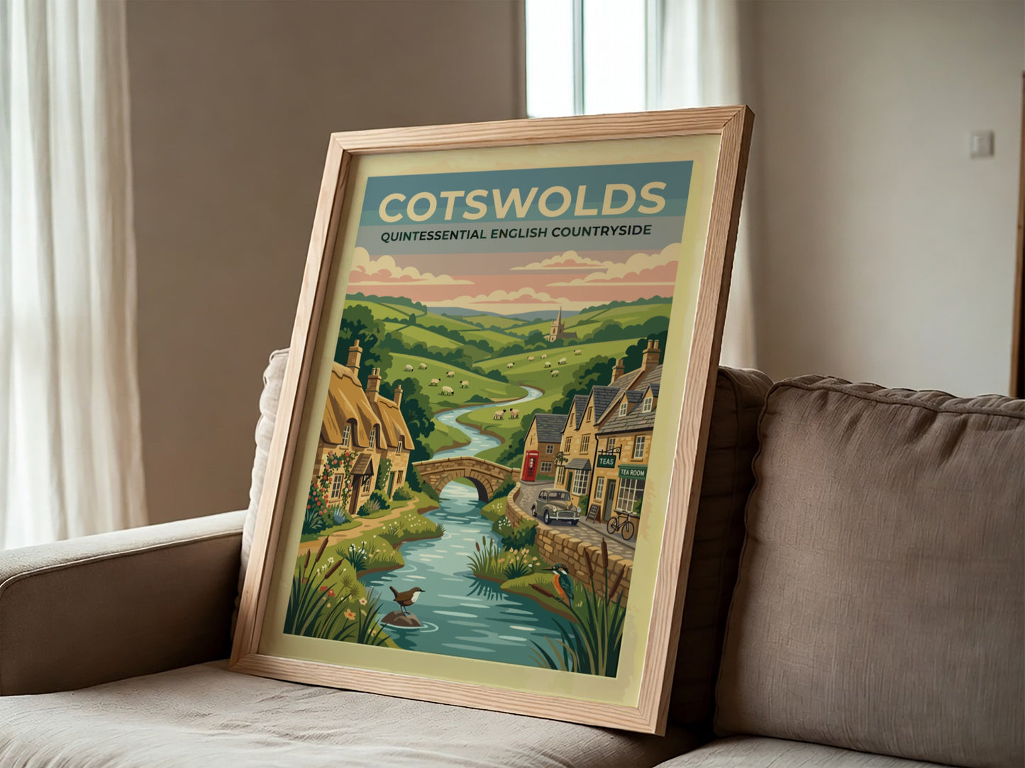 Travel poster featuring the Cotswolds with stone cottages, a river, and rolling hills.