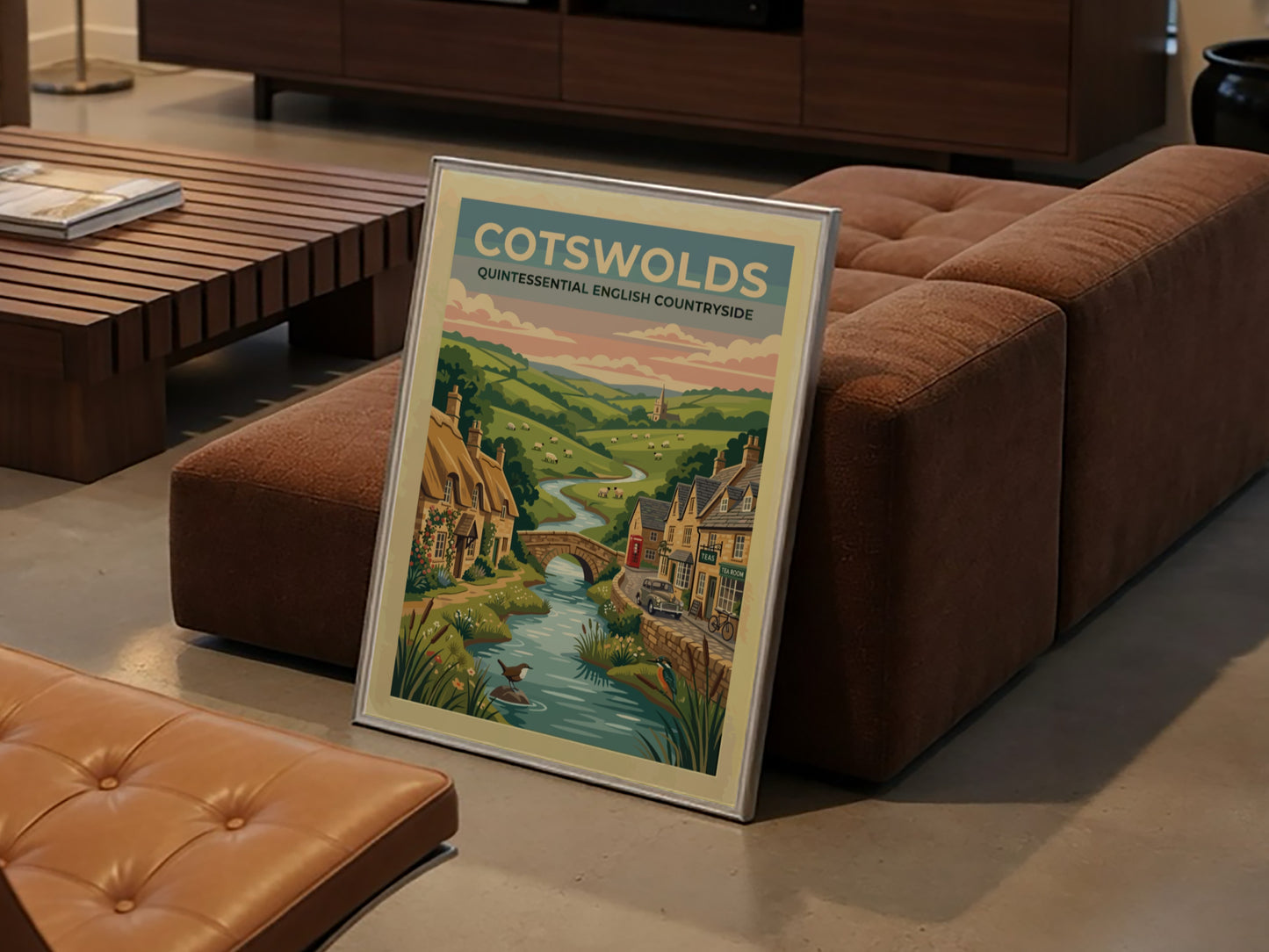 Travel poster featuring the Cotswolds with stone cottages, a river, and rolling hills.