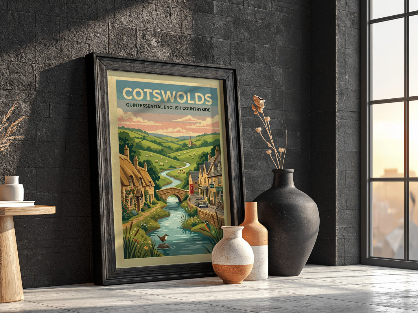 Travel poster featuring the Cotswolds with stone cottages, a river, and rolling hills.