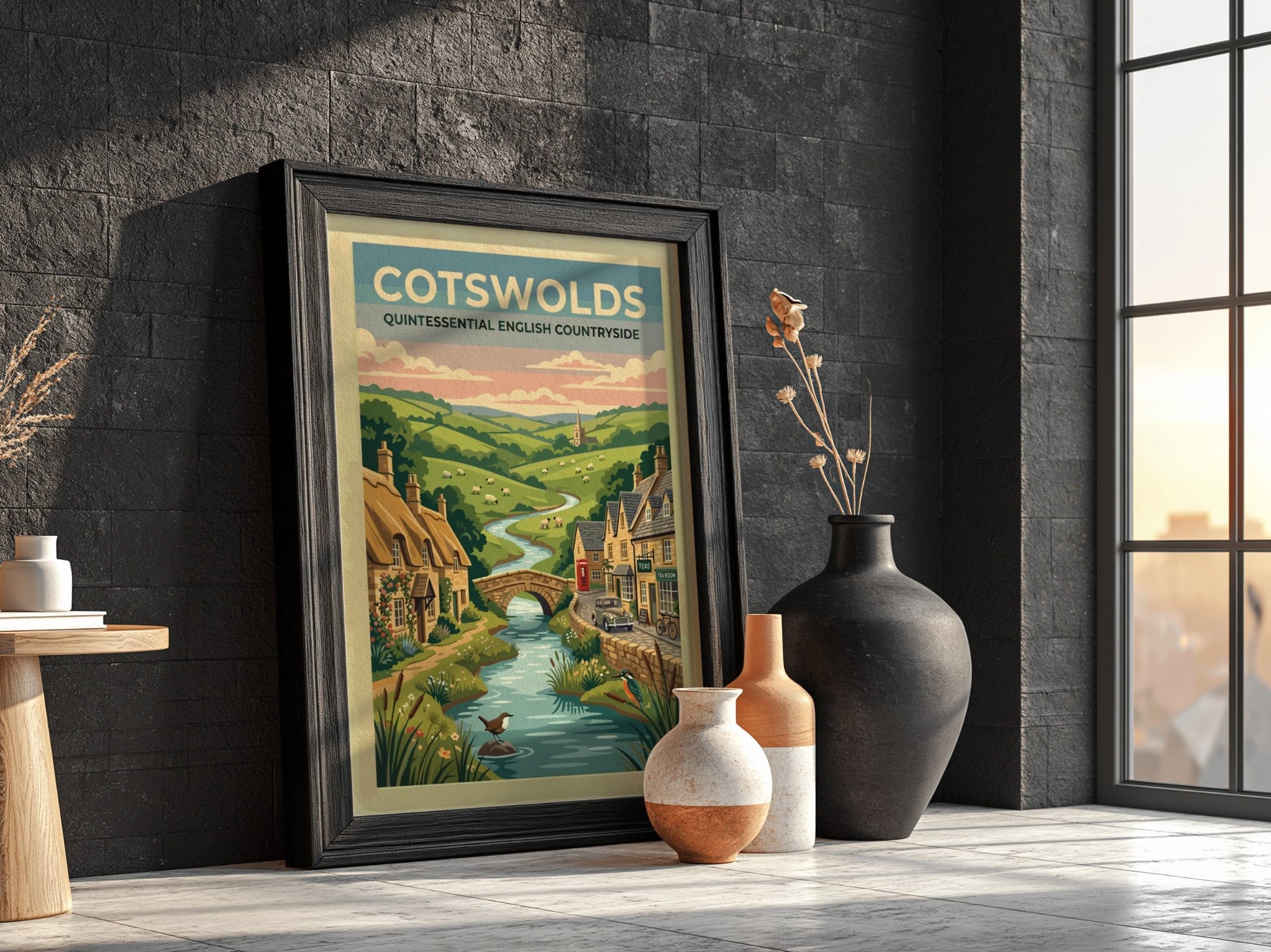 Travel poster featuring the Cotswolds with stone cottages, a river, and rolling hills.