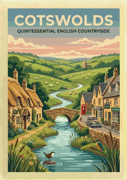 Travel poster featuring the Cotswolds with stone cottages, a river, and rolling hills.