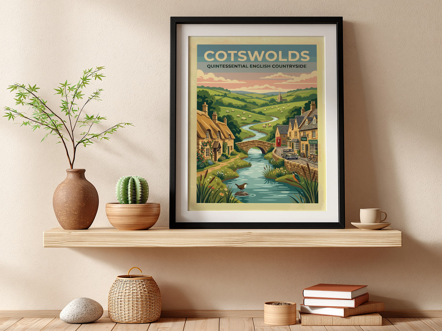 Travel poster featuring the Cotswolds with stone cottages, a river, and rolling hills.