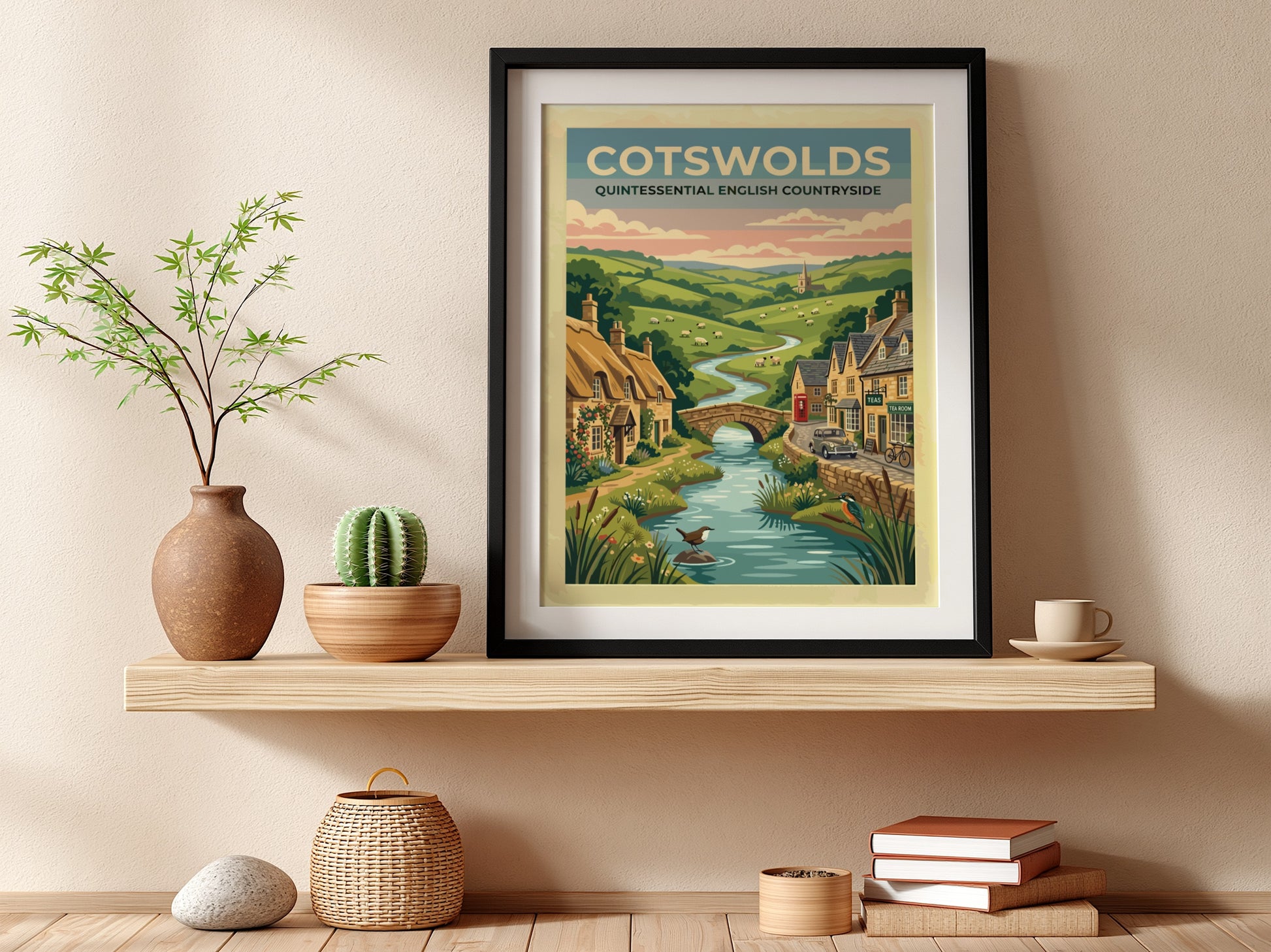 Travel poster featuring the Cotswolds with stone cottages, a river, and rolling hills.