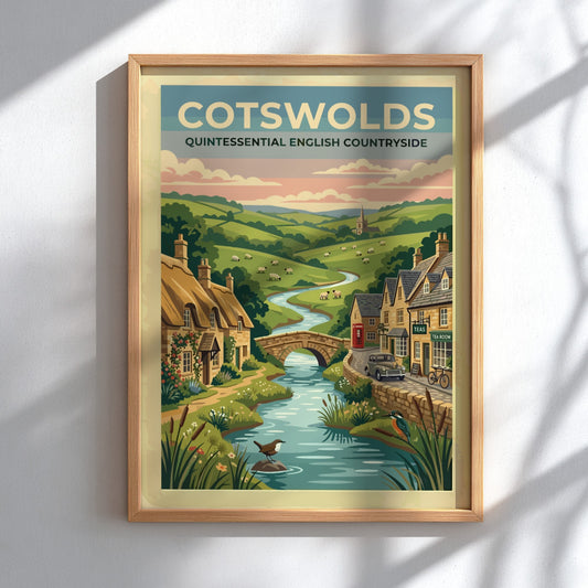 Travel poster featuring the Cotswolds with stone cottages, a river, and rolling hills.