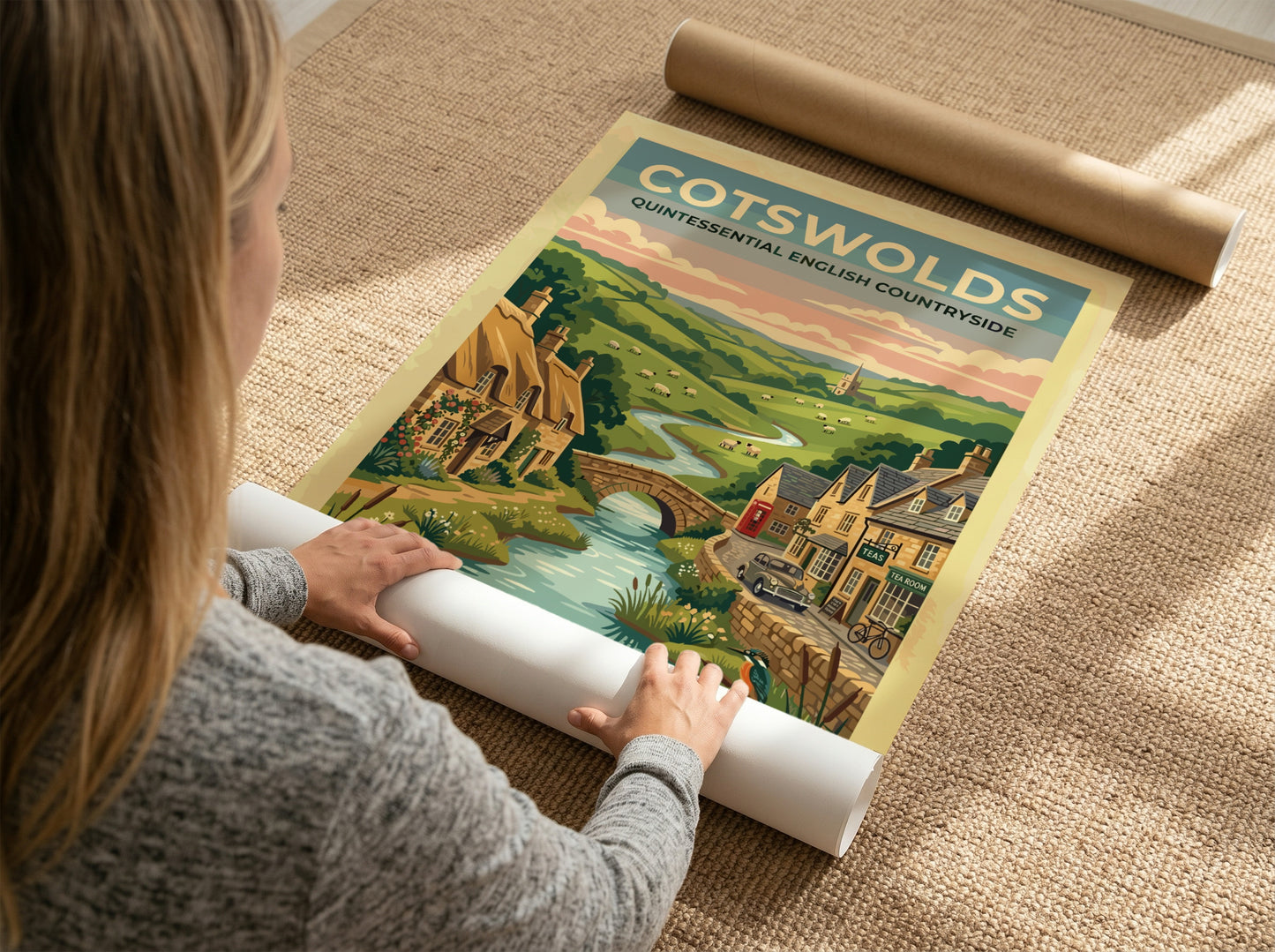 Travel poster featuring the Cotswolds with stone cottages, a river, and rolling hills.