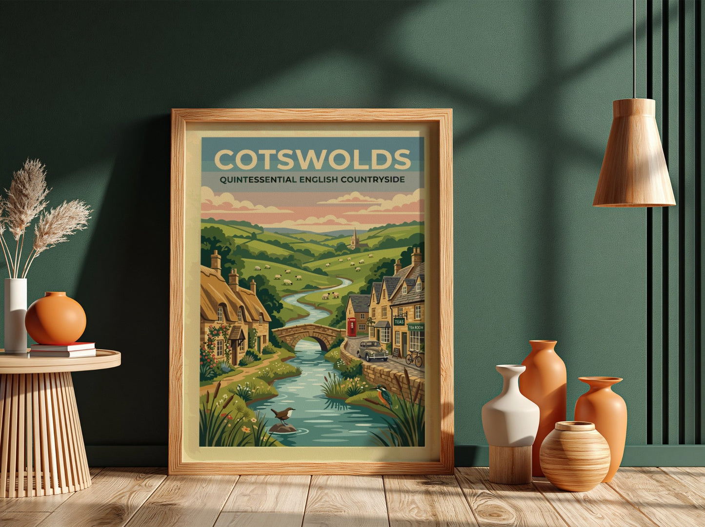 Travel poster featuring the Cotswolds with stone cottages, a river, and rolling hills.