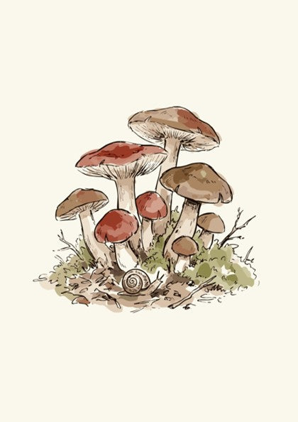 Mushroom illustration poster featuring earthy brown fungi and a snail on green mossy ground