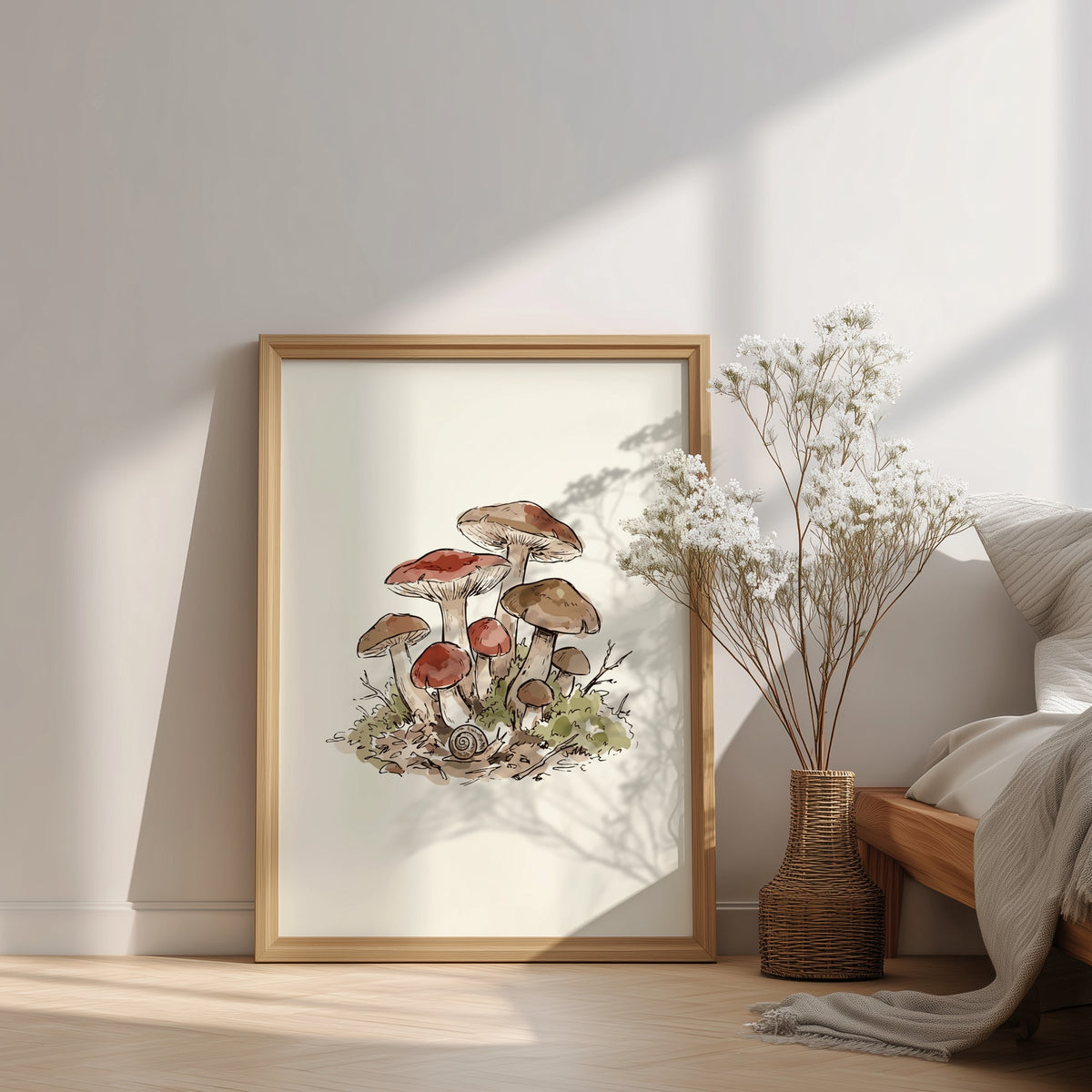 Mushroom illustration poster featuring earthy brown fungi and a snail on green mossy ground