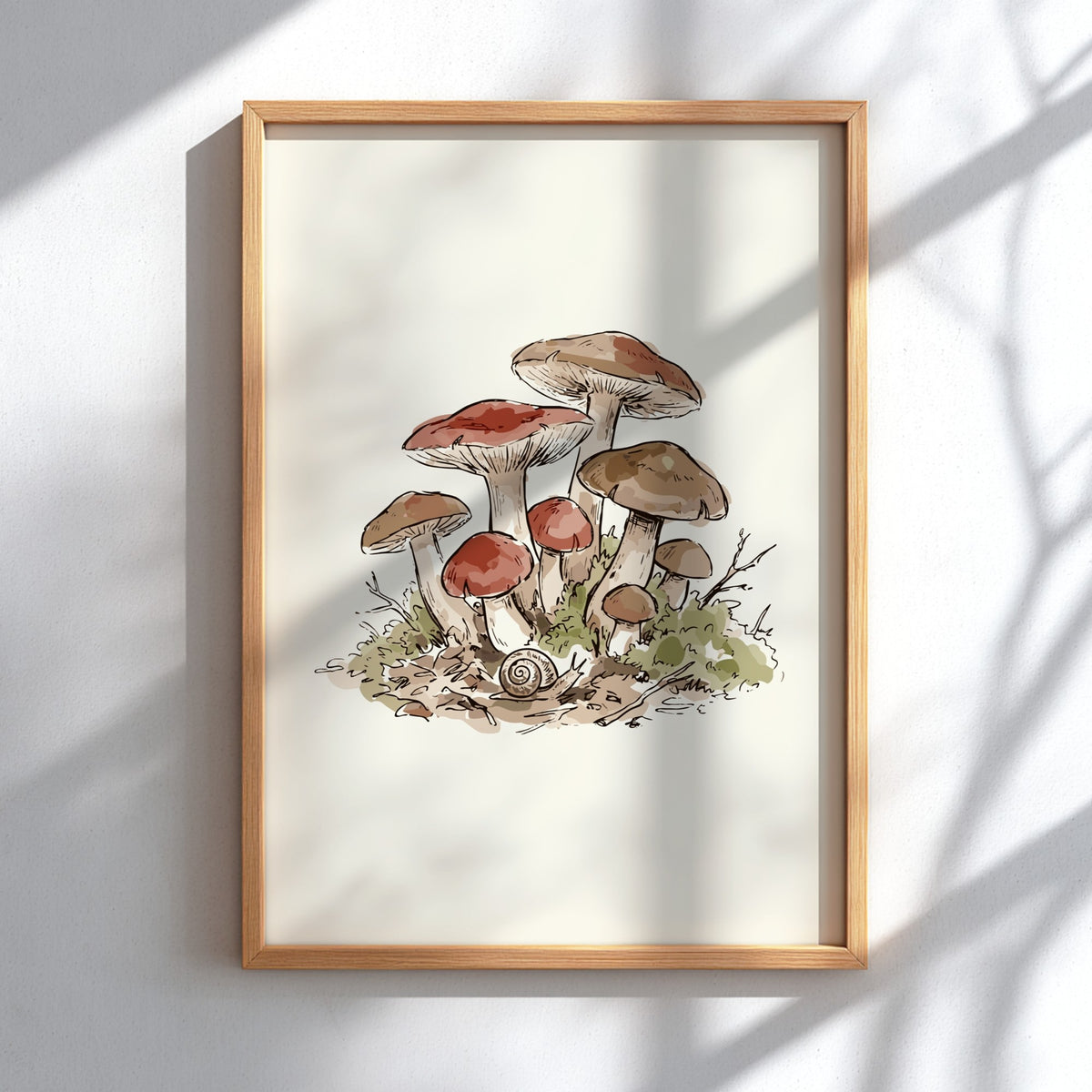 Mushroom illustration poster featuring earthy brown fungi and a snail on green mossy ground
