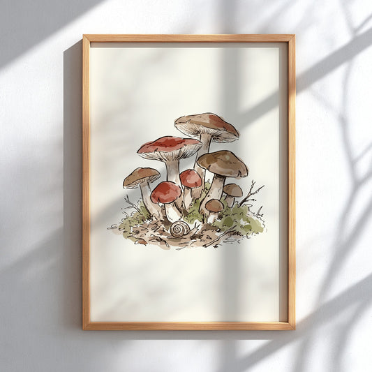 Mushroom illustration poster featuring earthy brown fungi and a snail on green mossy ground